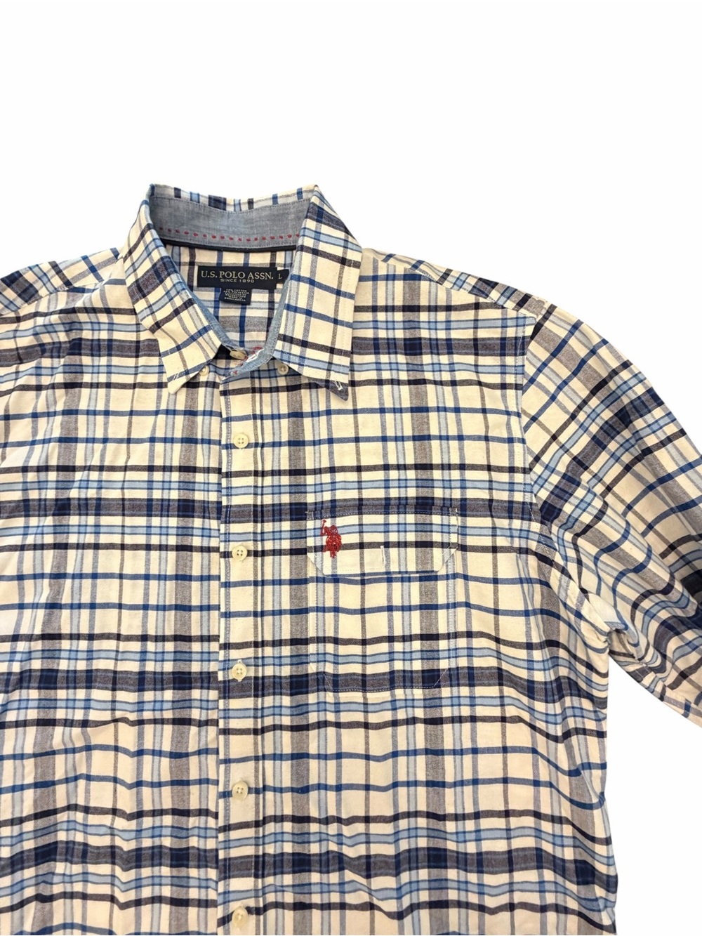U.S. Polo Assn. Classic Plaid Shirt Long Sleeve Button Front Blue White Large
